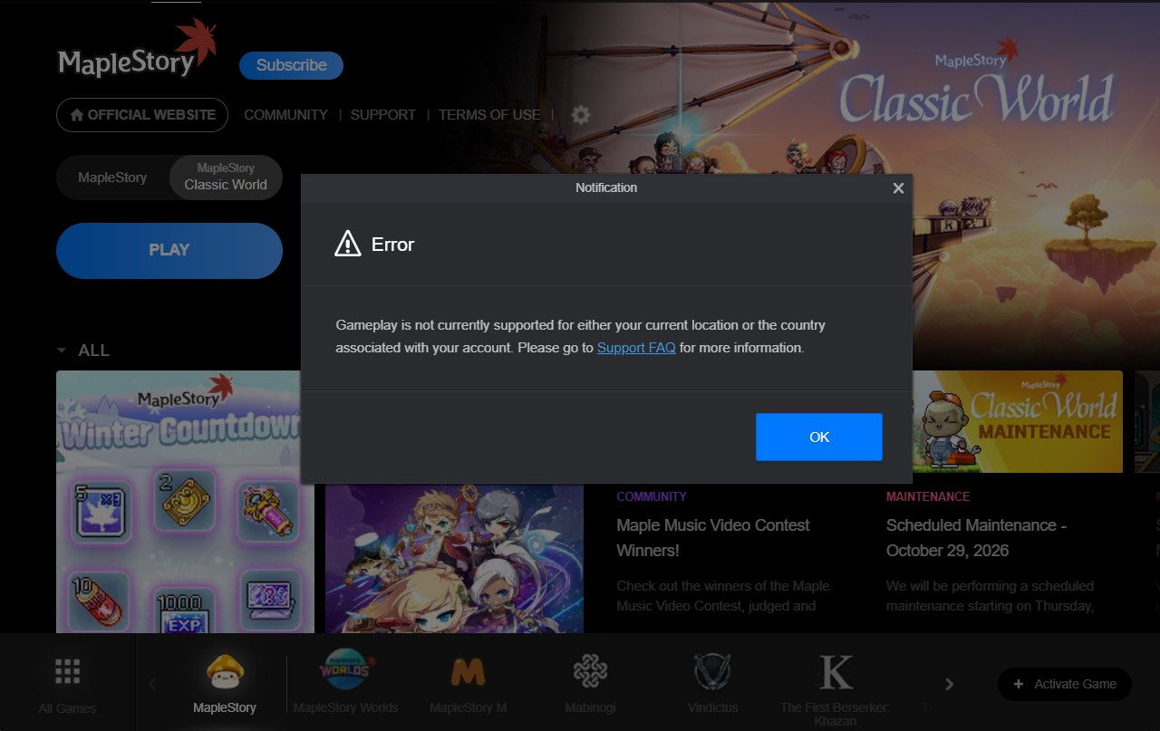 VPN 없이 PLAY 를 누르면 뜨는 지역 제한 오류