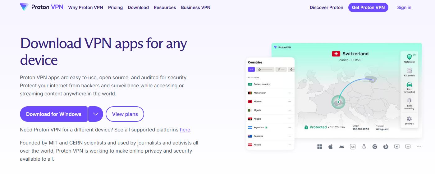 Proton VPN 다운로드 페이지