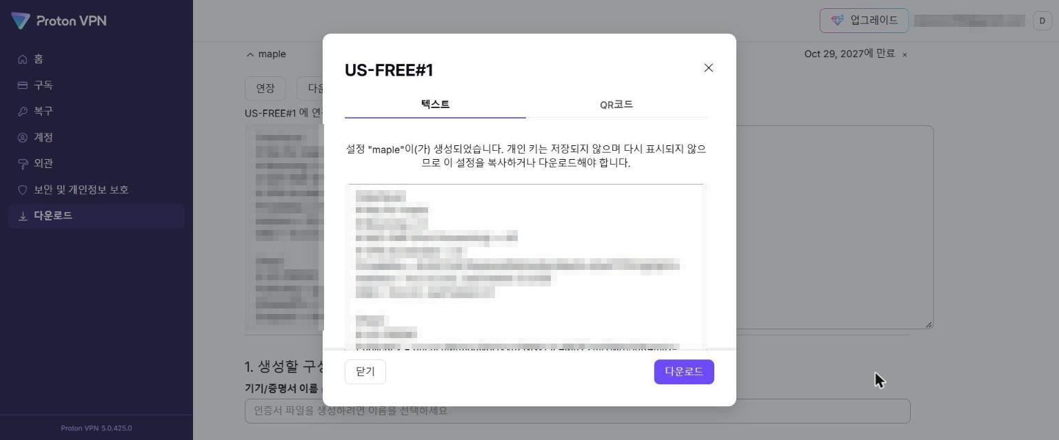 WireGuard 설정 생성 완료 창과 다운로드 버튼