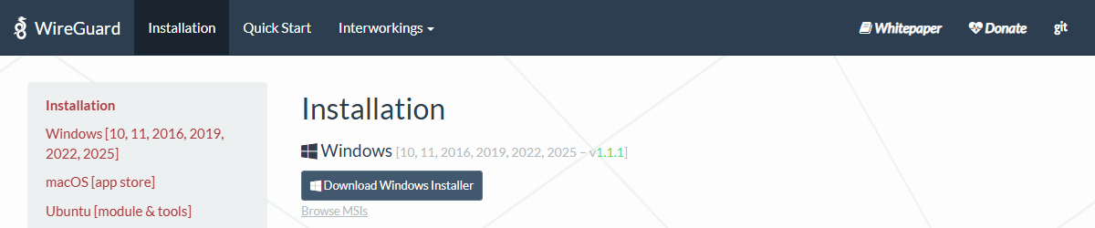 WireGuard 설치 페이지의 Windows 설치 파일